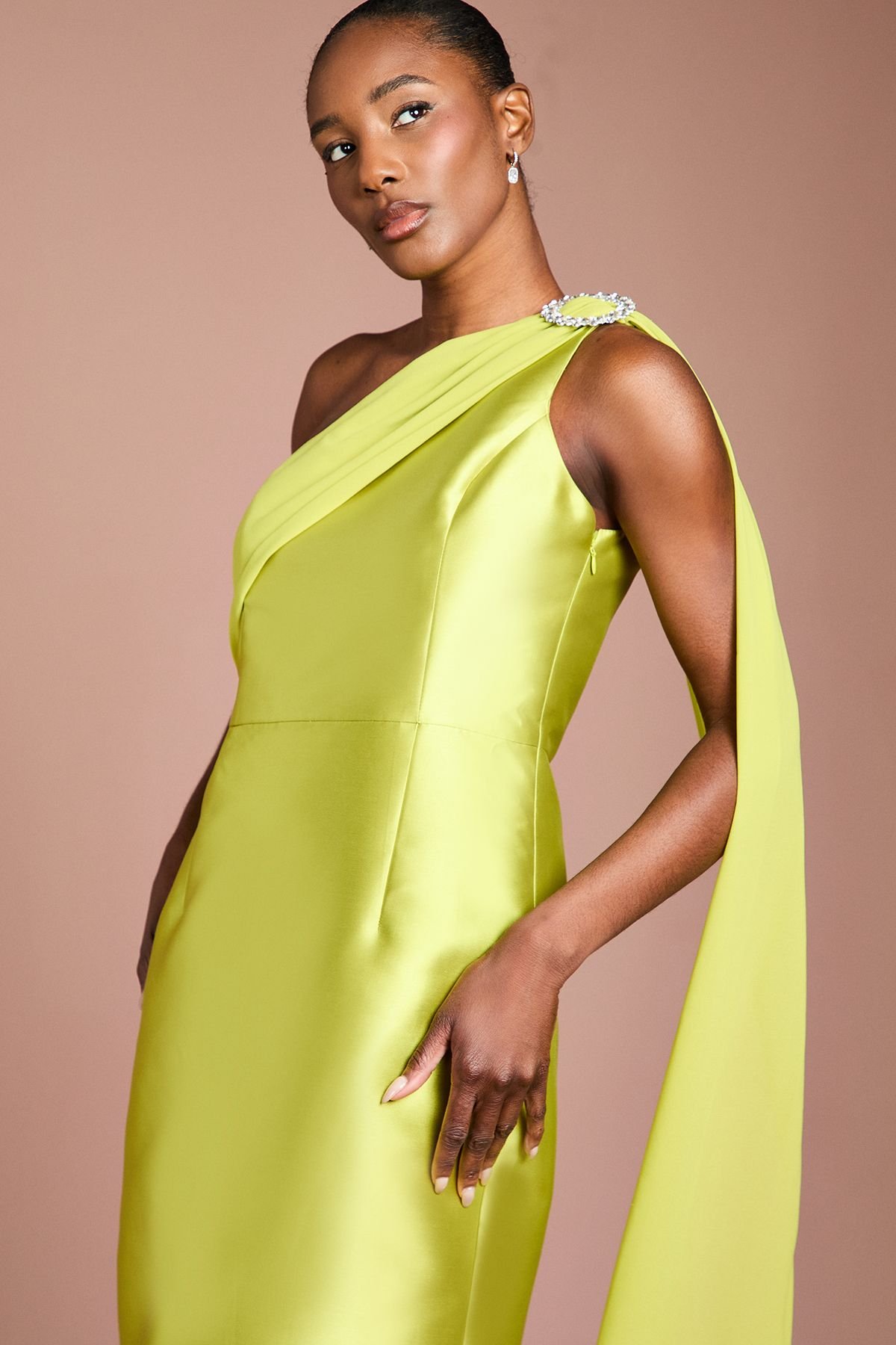 Coast Coast Women's One Shoulder Twill Gown With Diamante Brooch in Chartreuse - 4