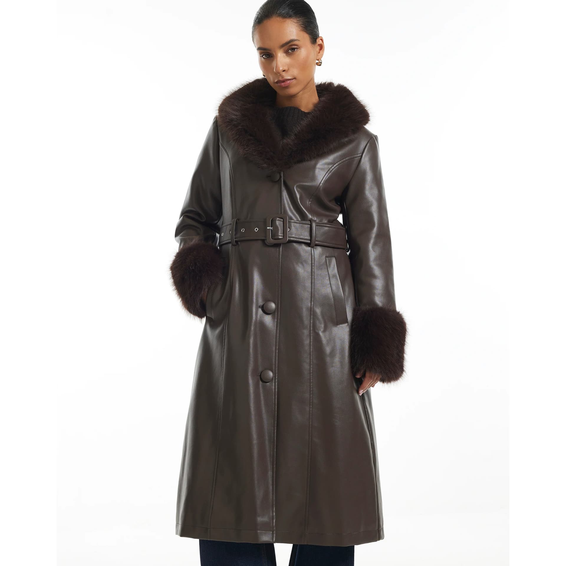 River Island River Island Womens Petite Brown Faux Fur Trim Belted Trench Coat