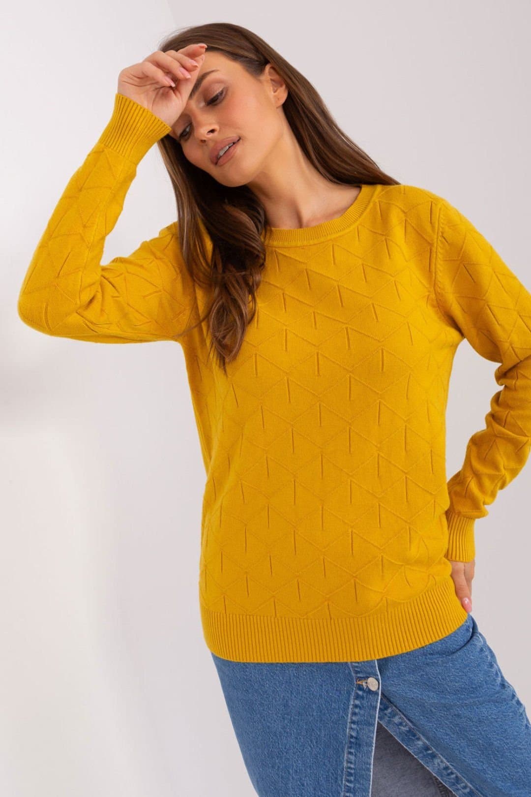 Love Lace Love Lace Women's Cotton Textured Long Sleeve Sweater Round Neck in Yellow