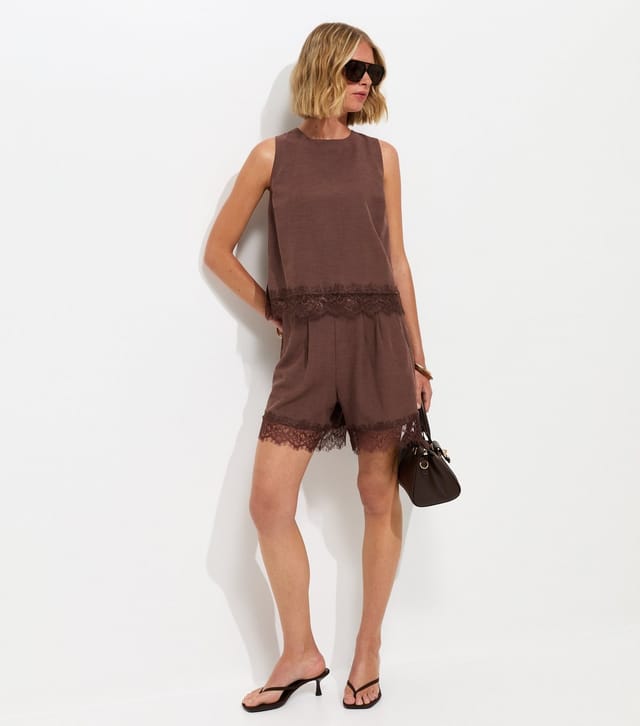 New Look Women's Dark Brown With Cotton Lace Hem Shorts New Look - 3