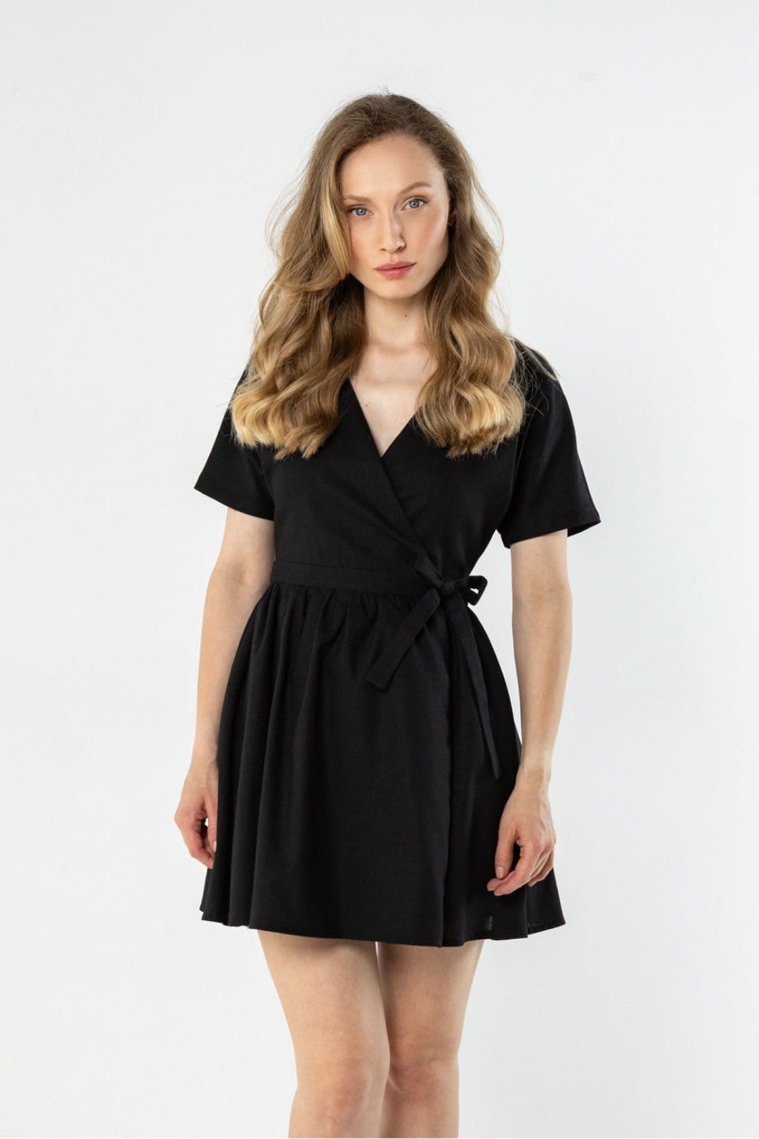 Love Lace Black Linen Wrap Mini V Neck Tie Waist Dress