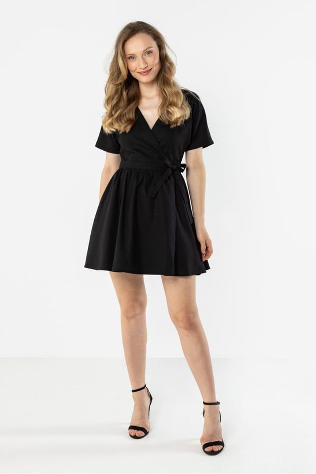 Love Lace Love Lace Women's Linen Wrap Mini V Neck Tie Waist Dress in Black - 2