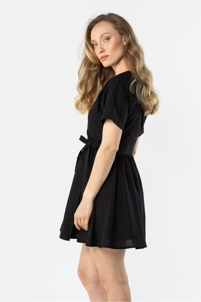 Love Lace Love Lace Women's Linen Wrap Mini V Neck Tie Waist Dress in Black - 3