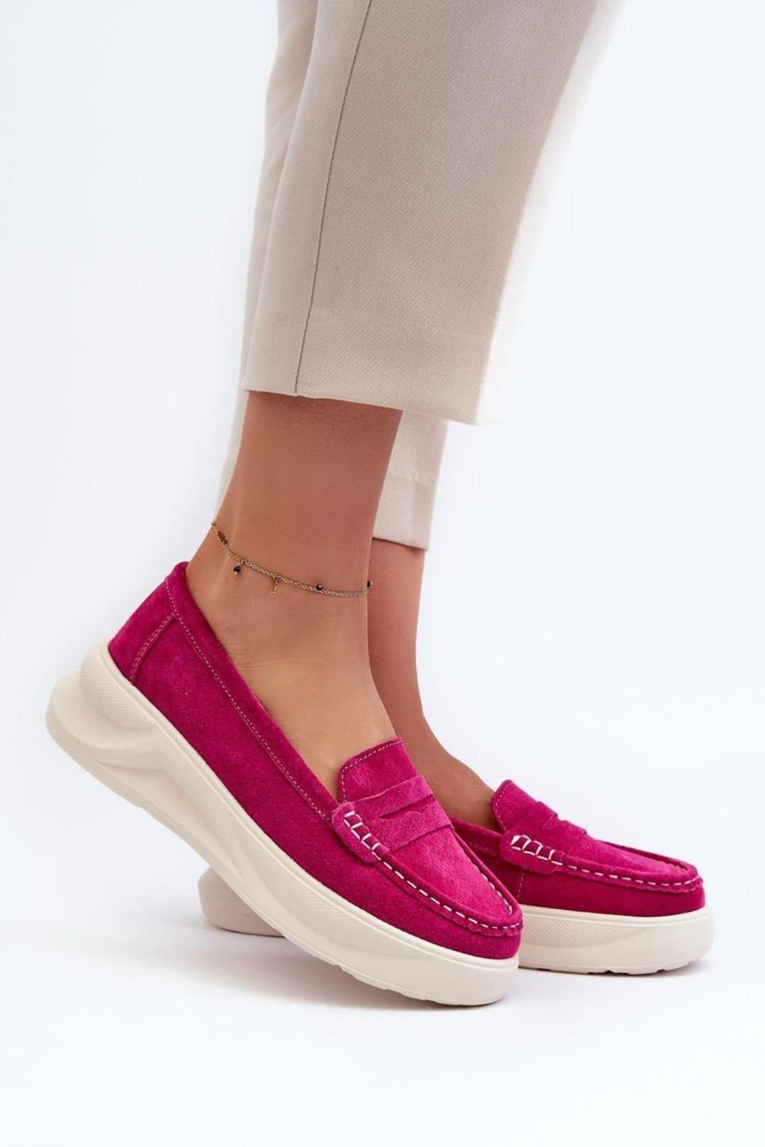 Love Lace Love Lace Women's Natural Suede Platform Moccasin Shoes with Rounded Toe Comfort in Pink