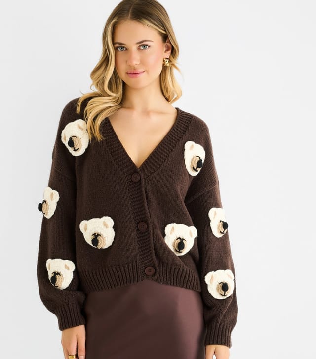 Gini London Women's Brown Contrast Teddy Crochet Cardigan Gini London New Look - 2