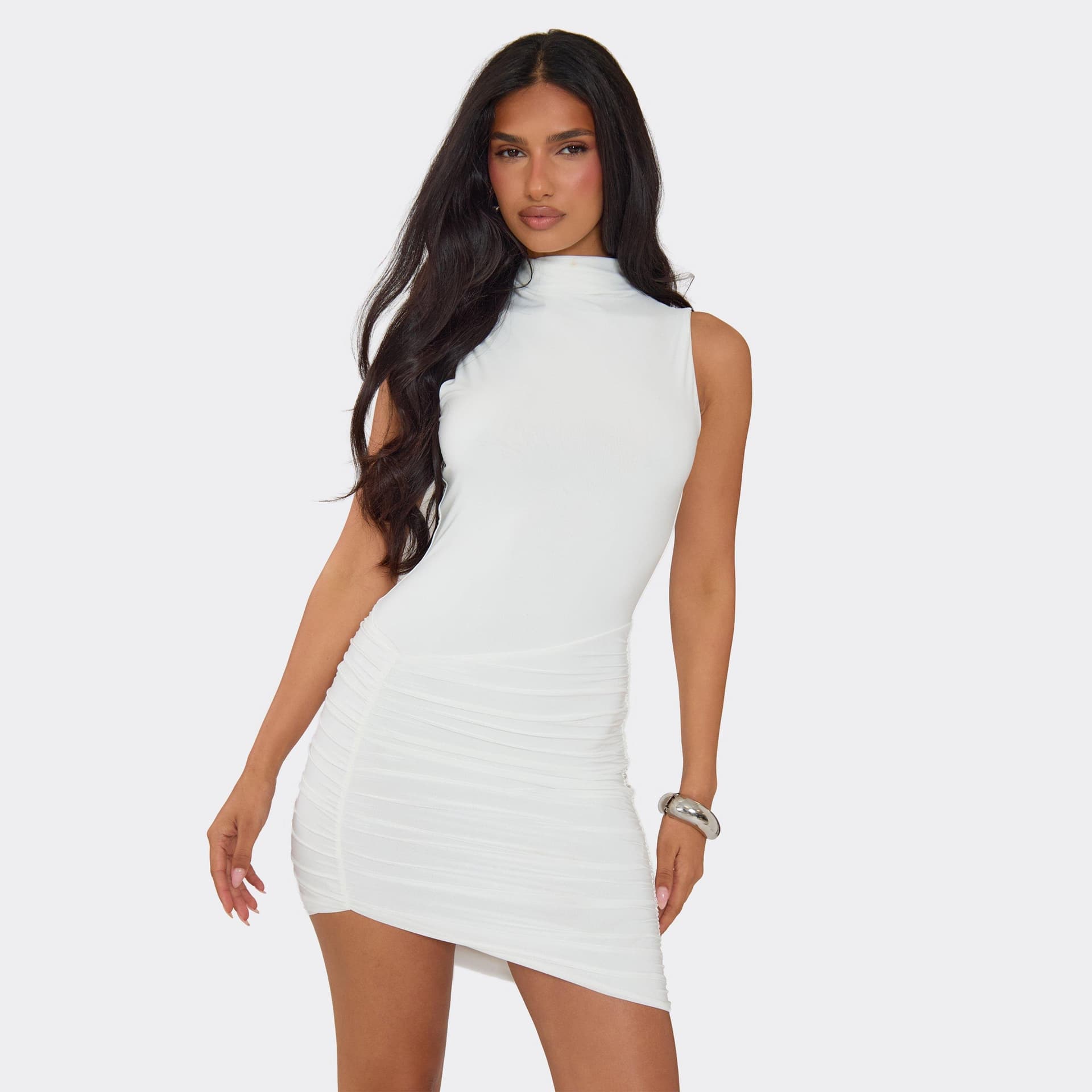 EGO High Neck Ruched Asymmetric Mini Dress In White Slinky, Women's Size UK 6