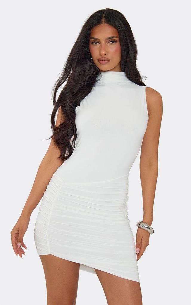 EGO High Neck Ruched Asymmetric Mini Dress In White Slinky, Women's Size UK 6 - 2