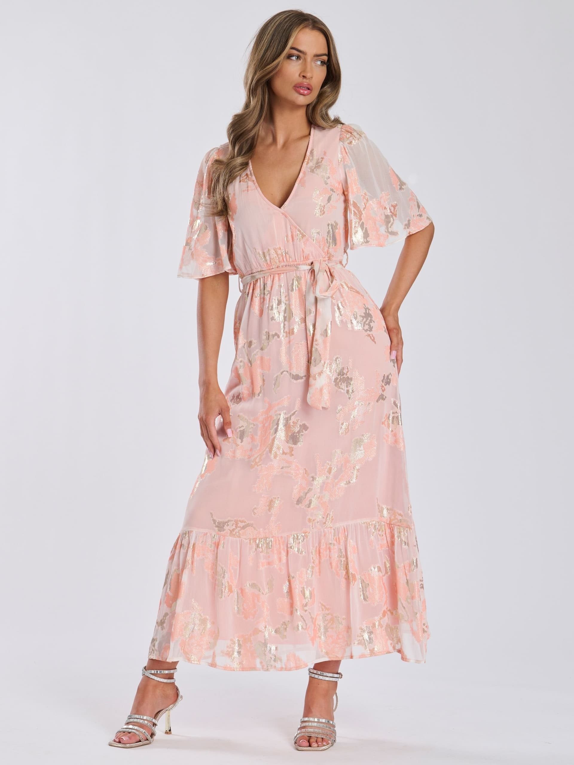 Finding Friday Finding Friday Women's Metallic Jaquard Short Sleeve Maxi Dress in Coral