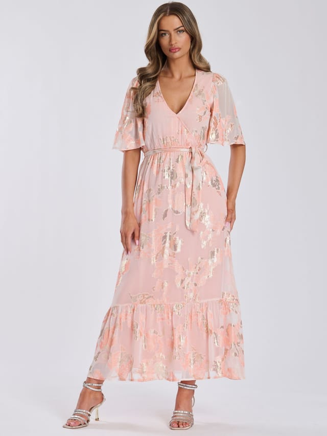 Finding Friday Finding Friday Women's Metallic Jaquard Short Sleeve Maxi Dress in Coral - 2