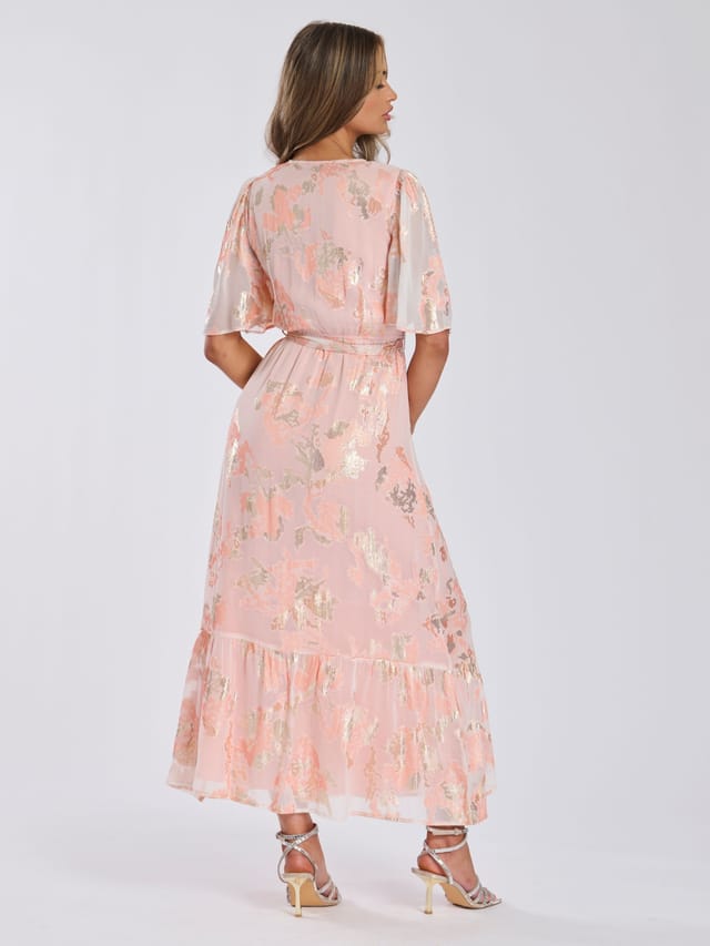 Finding Friday Finding Friday Women's Metallic Jaquard Short Sleeve Maxi Dress in Coral - 3