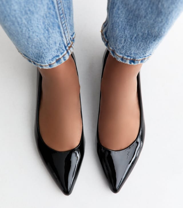 New Look Women's Black Patent Faux Leather Pointed Toe Ballerina Flats Vegan New Look - 2