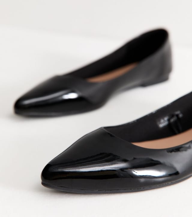 New Look Women's Black Patent Faux Leather Pointed Toe Ballerina Flats Vegan New Look - 3
