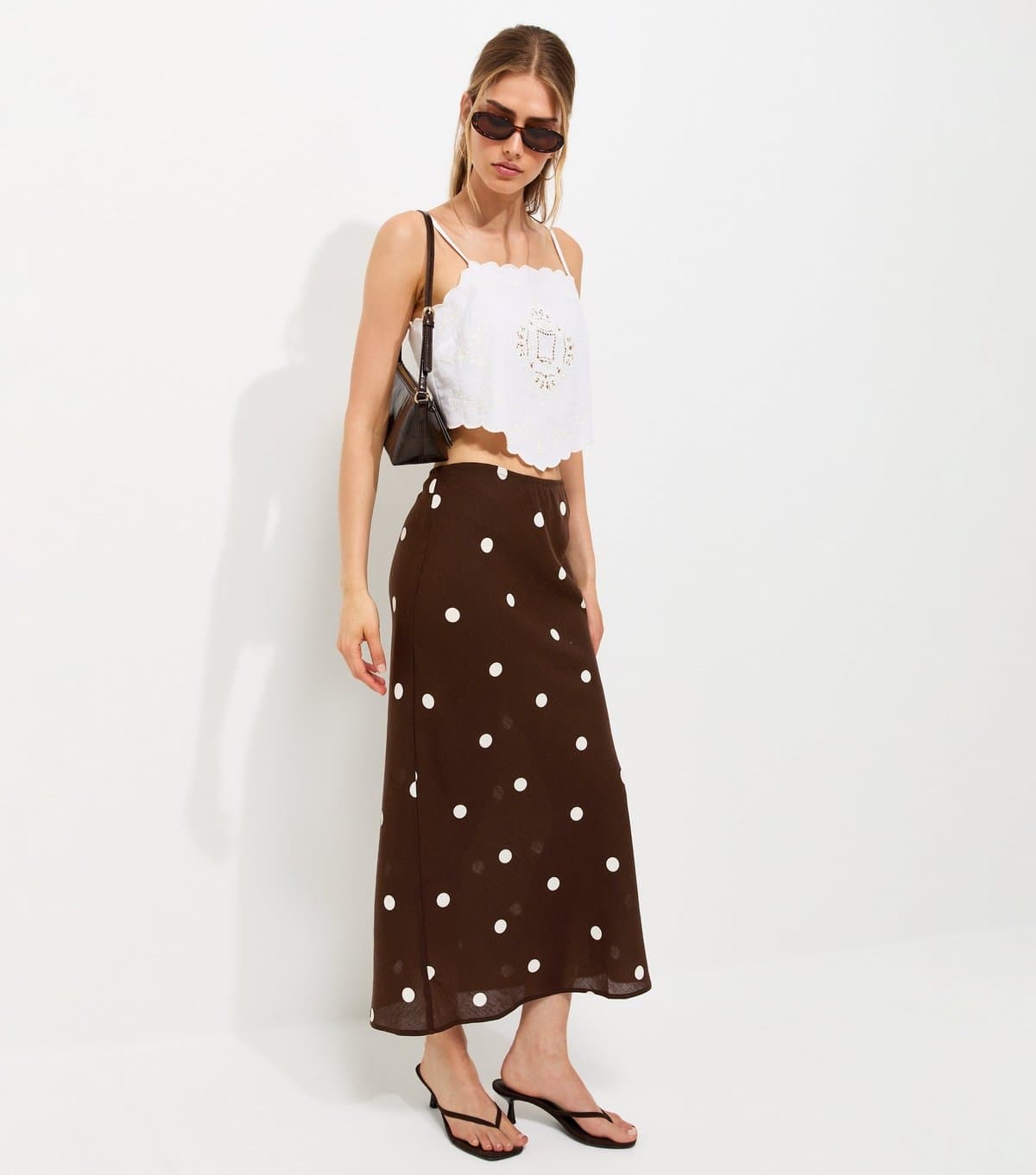 New Look Women's Brown Polka Dot Bias Cut Midi Skirt New Look