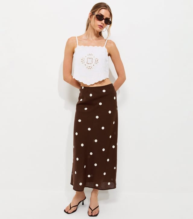 New Look Women's Brown Polka Dot Bias Cut Midi Skirt New Look - 2