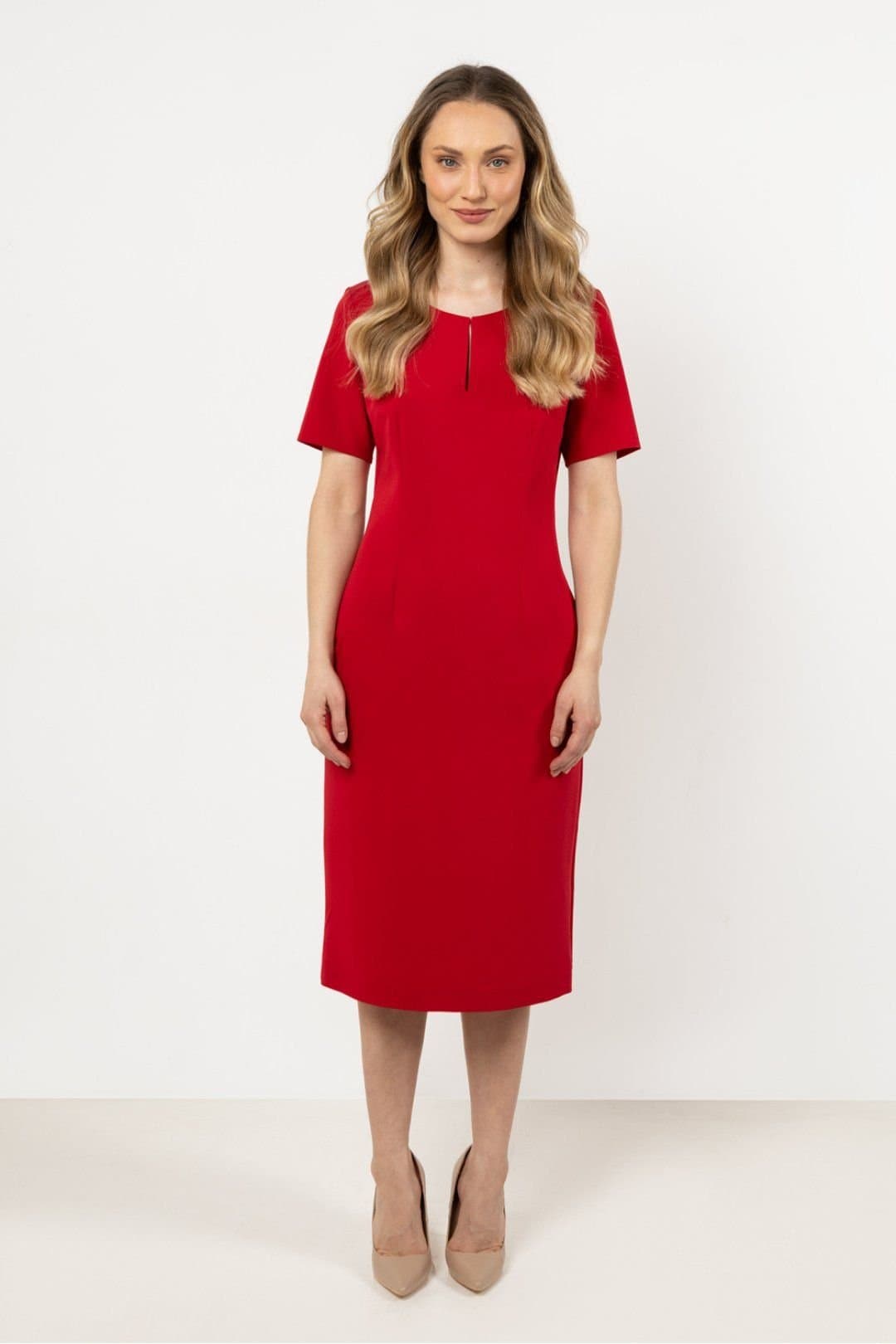 Love Lace Love Lace Women's Fitted Day Dress with Boat Neck & Slit in Red