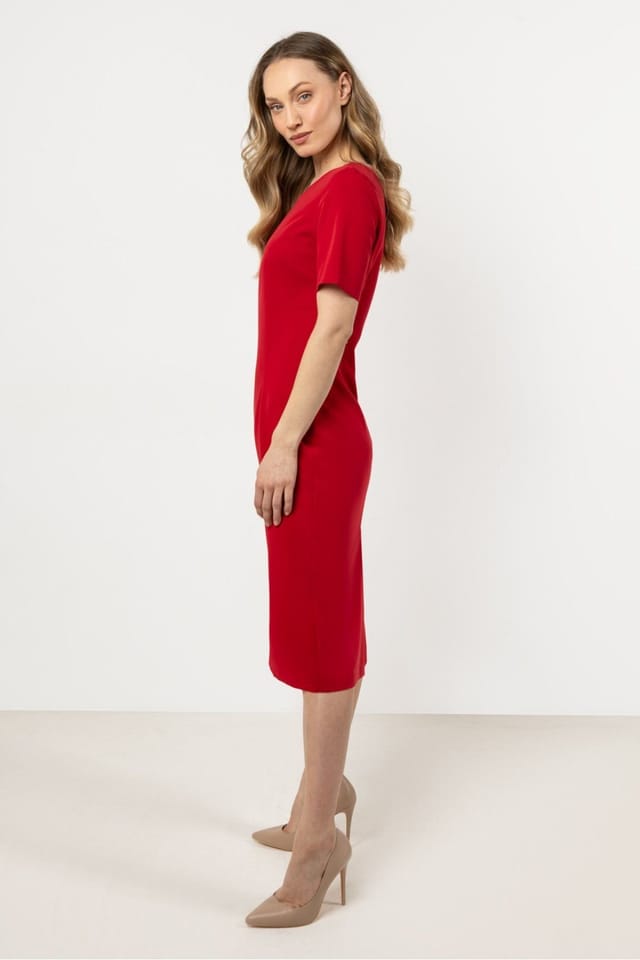 Love Lace Love Lace Women's Fitted Day Dress with Boat Neck & Slit in Red - 2