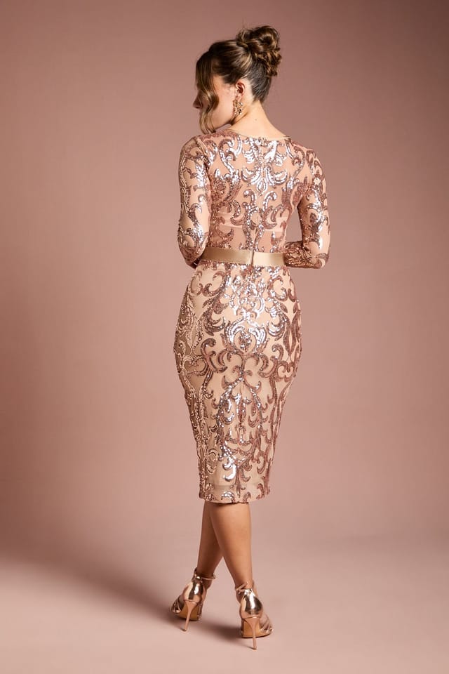 Coast Coast Women's Long Sleeve Bodycon Sequin Midi dress in Champagne - 3