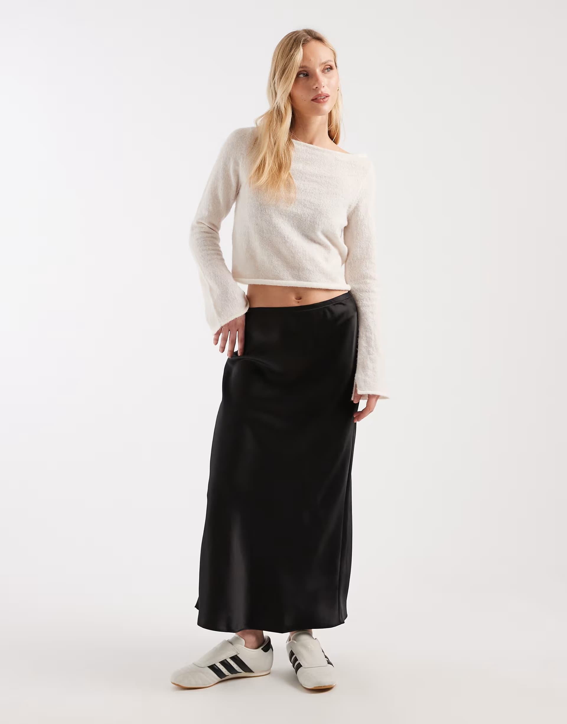 ASOS New Look Petite satin midi skirt in black