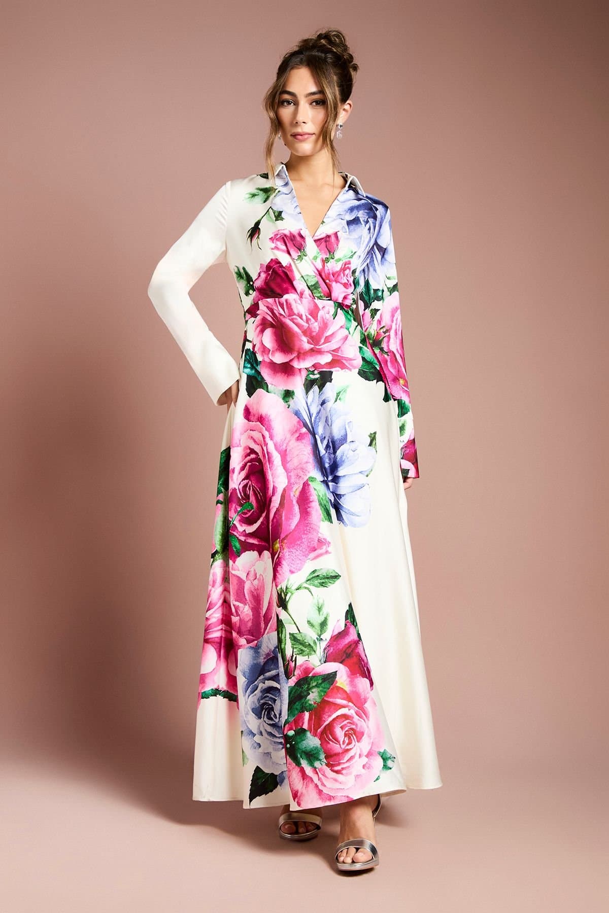 Coast Coast Women's Muse Floral Long Sleeve Wrap Front Gown in Ivory