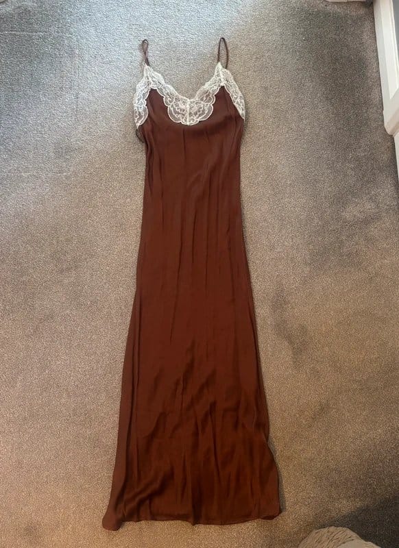 Bershka Brown Silk/Lace Slip Dress