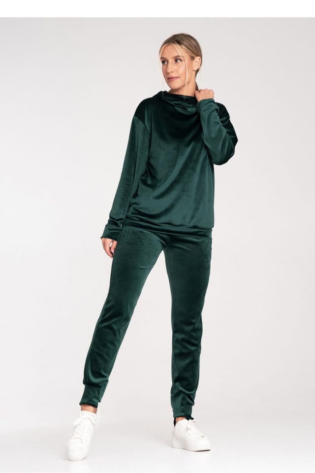 Love Lace Love Lace Women's Velour Hooded Sweatshirt Loose Collar Ribbed Hem in Green - 2