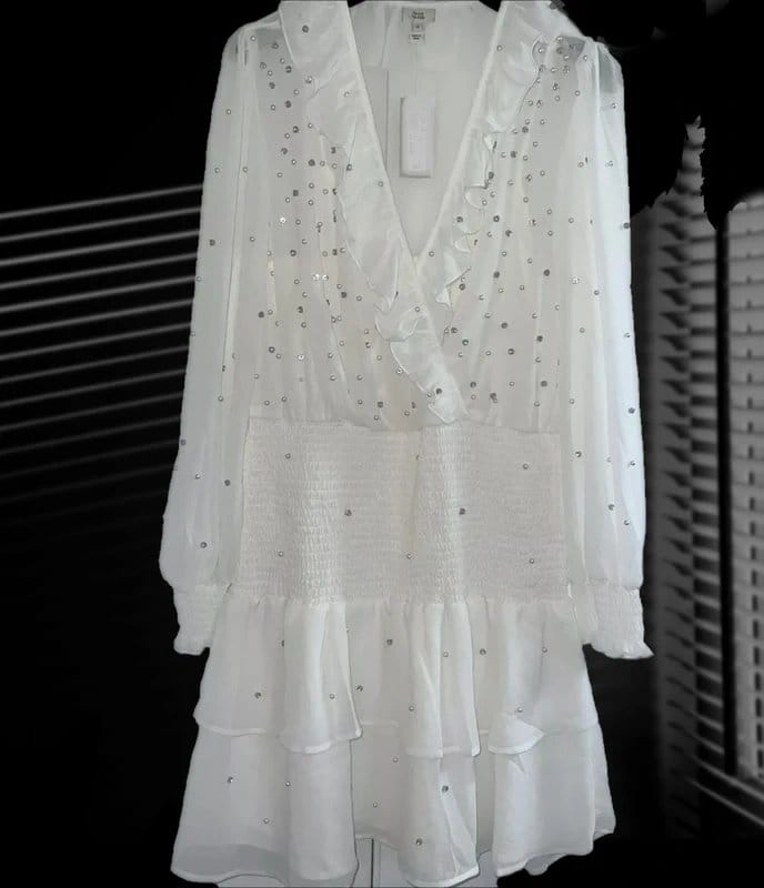 River Island River Island Cream Pearl Embellished Shirred Ruffle Wrap Dress - Size10 RP £54 - 1