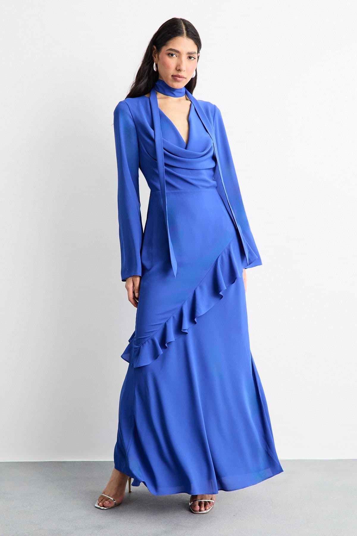 Warehouse Warehouse Women's Long Sleeve Cowl Neck Ruffle Detail Maxi Dress in Blue
