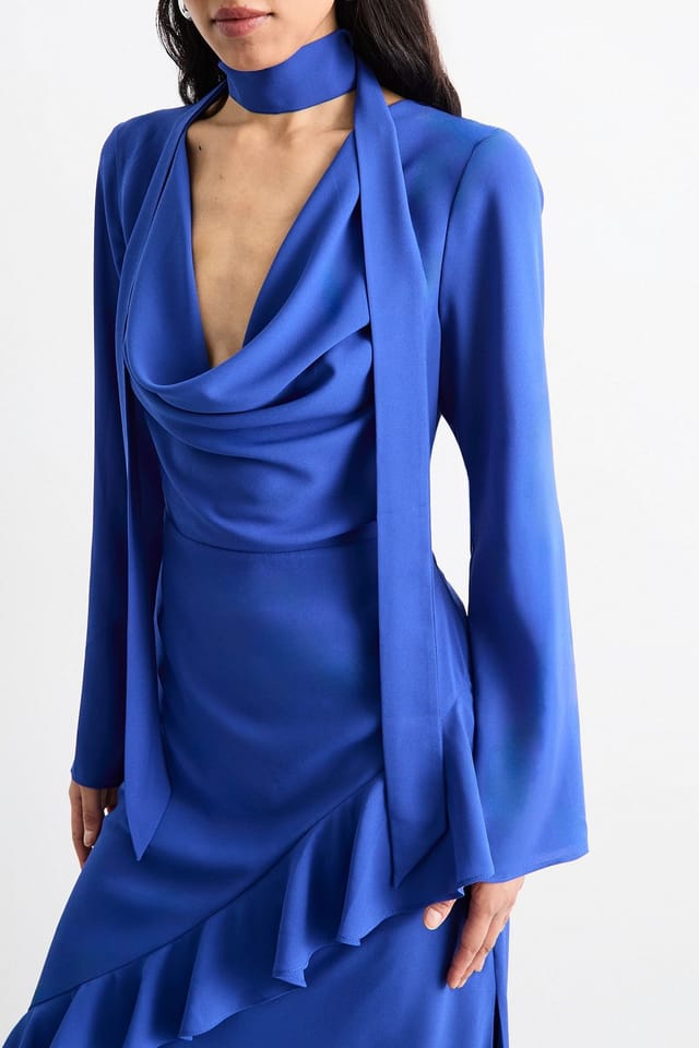 Warehouse Warehouse Women's Long Sleeve Cowl Neck Ruffle Detail Maxi Dress in Blue - 2