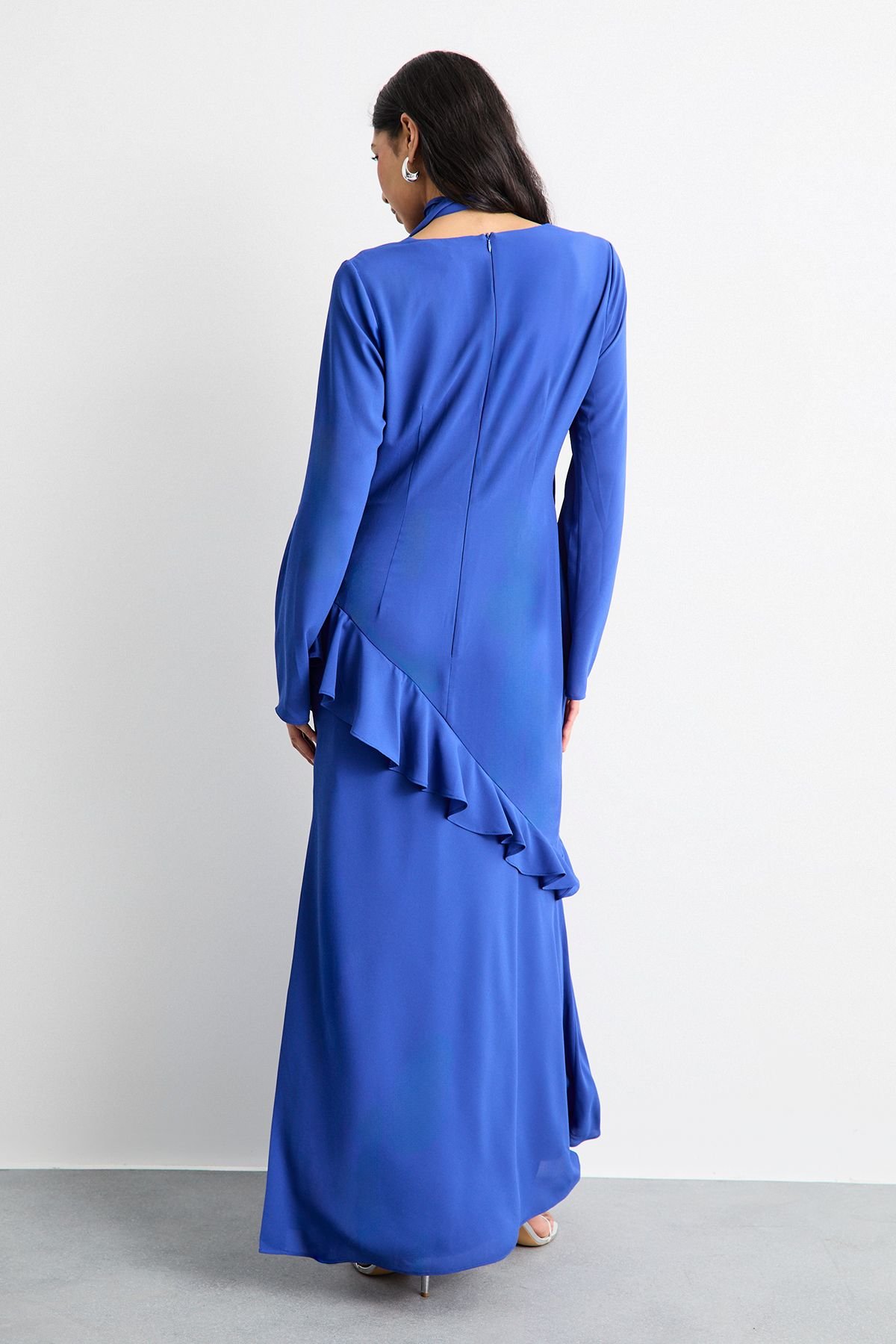 Warehouse Warehouse Women's Long Sleeve Cowl Neck Ruffle Detail Maxi Dress in Blue - 3