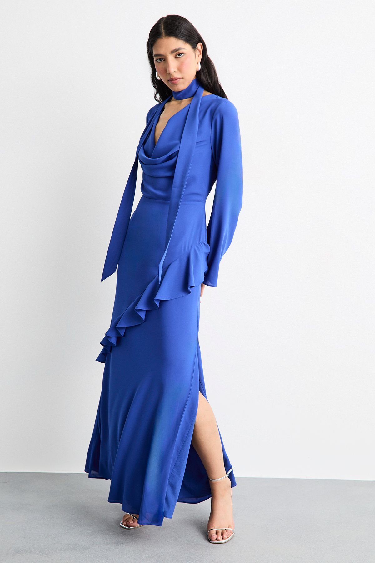 Warehouse Warehouse Women's Long Sleeve Cowl Neck Ruffle Detail Maxi Dress in Blue - 4