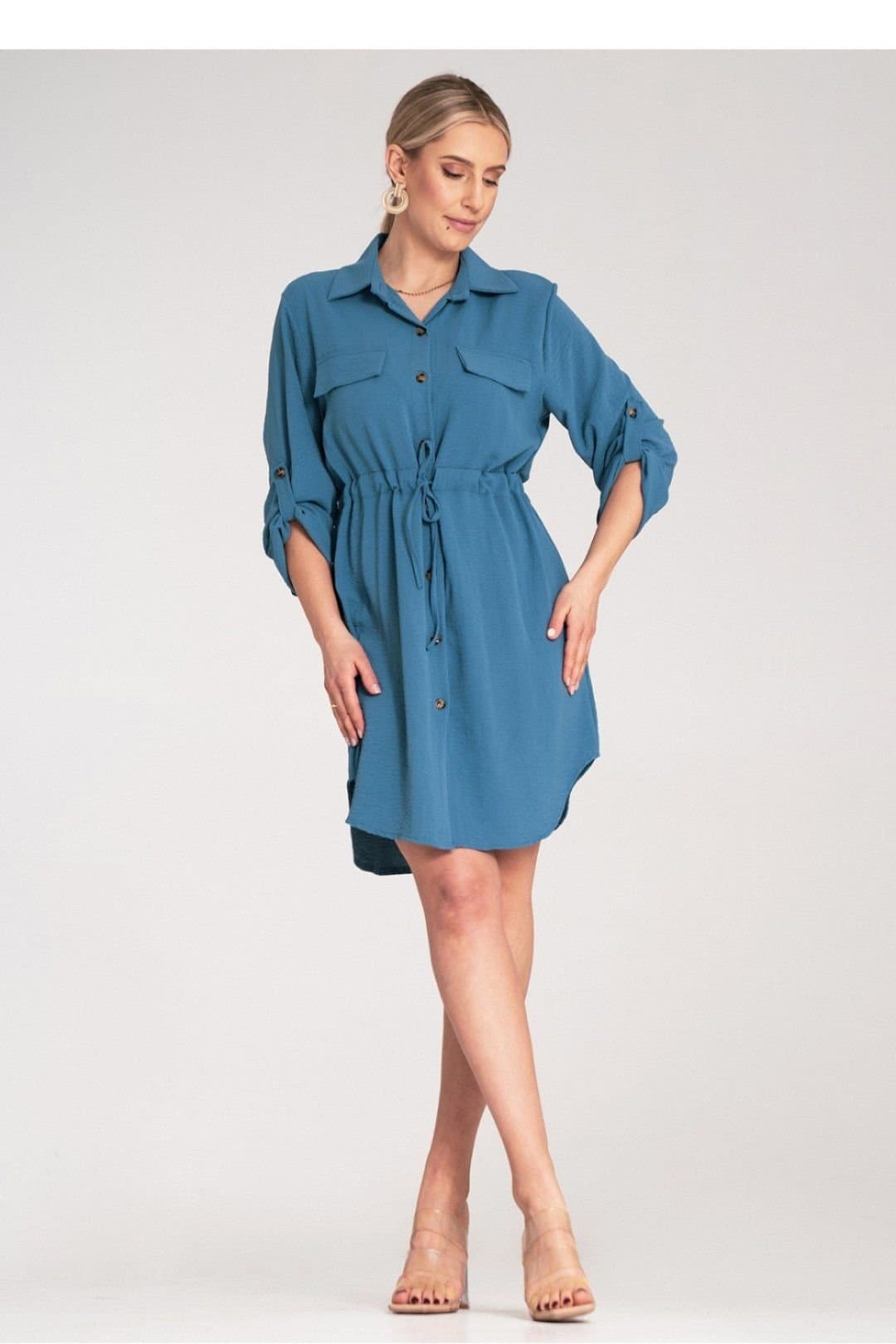 Love Lace Love Lace Women's Waist Tie Shirt Dress With Roll Up Sleeves in Blue