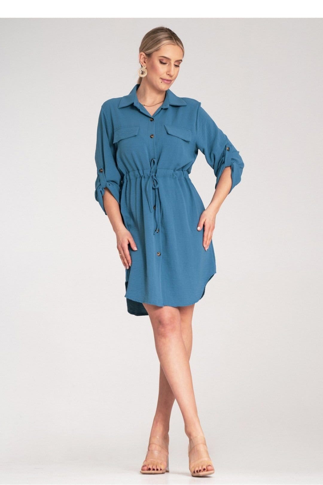 Love Lace Blue Waist Tie Shirt Dress With Roll Up Sleeves