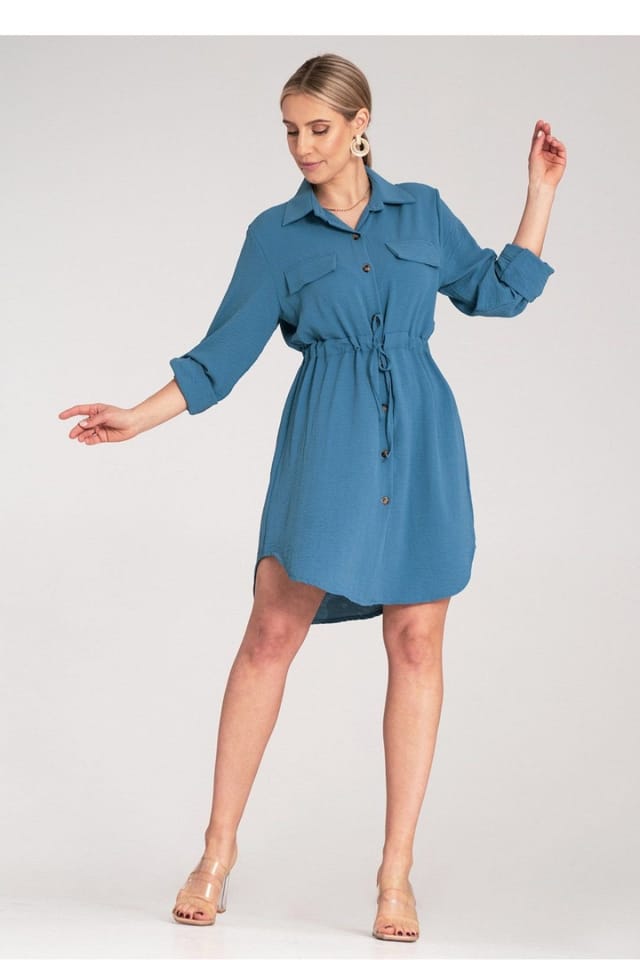 Love Lace Love Lace Women's Waist Tie Shirt Dress With Roll Up Sleeves in Blue - 2