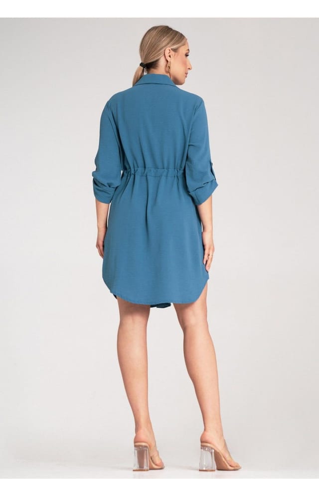Love Lace Love Lace Women's Waist Tie Shirt Dress With Roll Up Sleeves in Blue - 3
