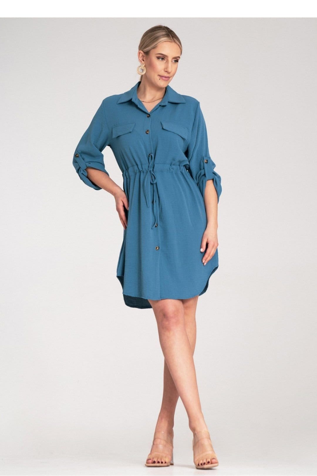 Love Lace Love Lace Women's Waist Tie Shirt Dress With Roll Up Sleeves in Blue - 4