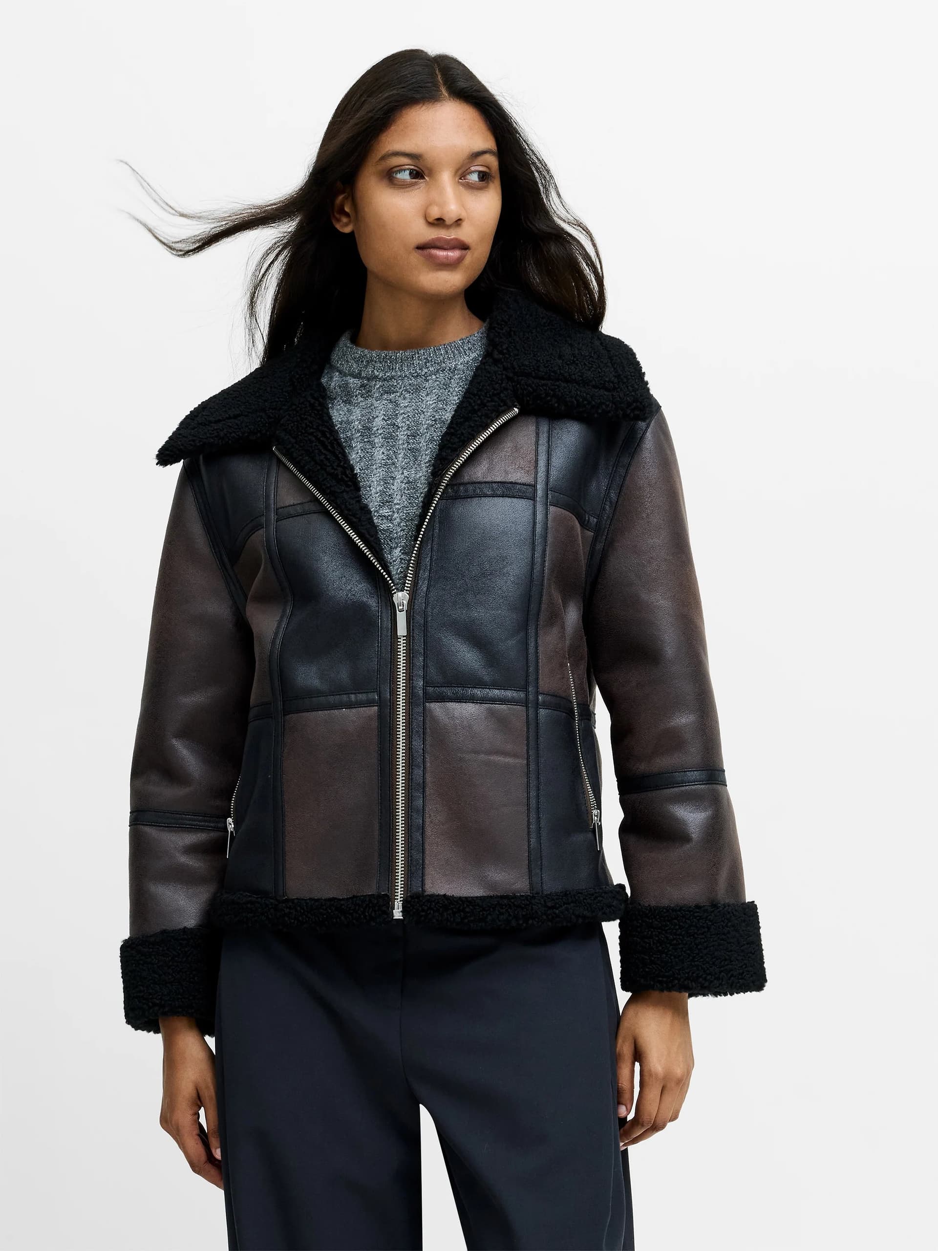 French Connection Camry Brown Faux Suede Faux Shearling Aviator Jacket Brown