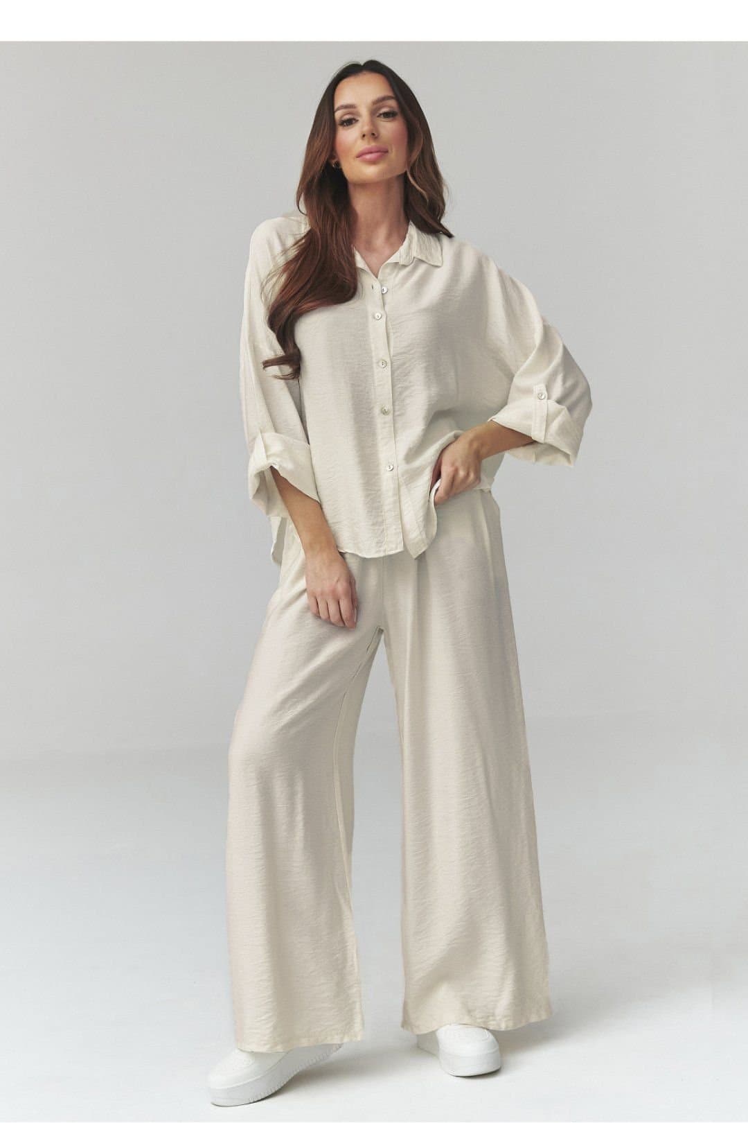 Love Lace Love Lace Women's Stylish Button Down Shirt & Wide Pants Set in Beige