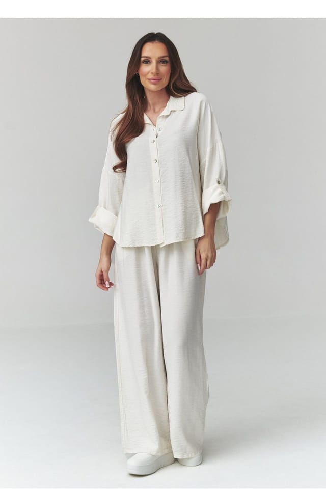 Love Lace Love Lace Women's Stylish Button Down Shirt & Wide Pants Set in Beige - 2