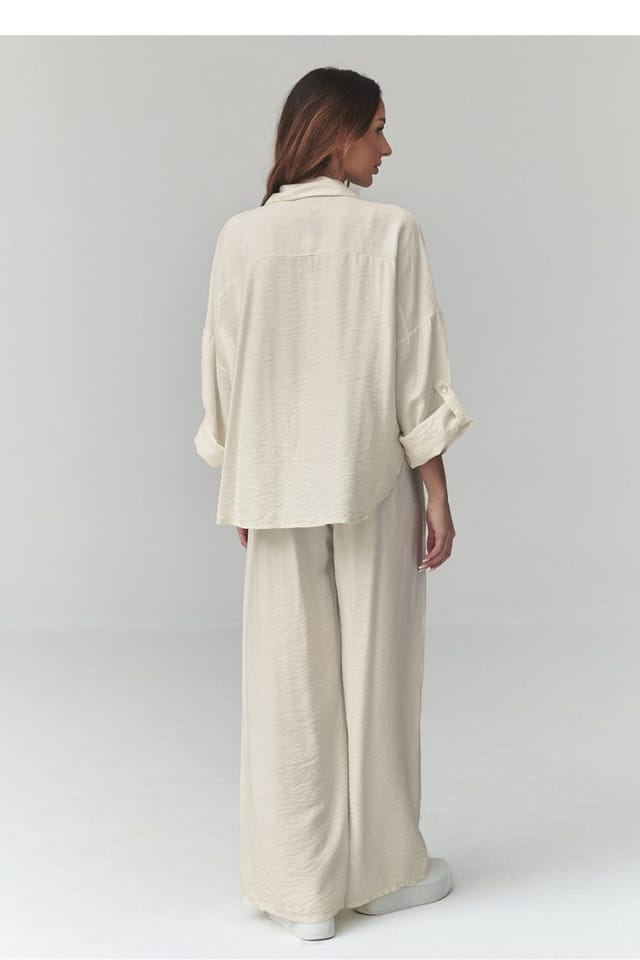 Love Lace Love Lace Women's Stylish Button Down Shirt & Wide Pants Set in Beige - 3