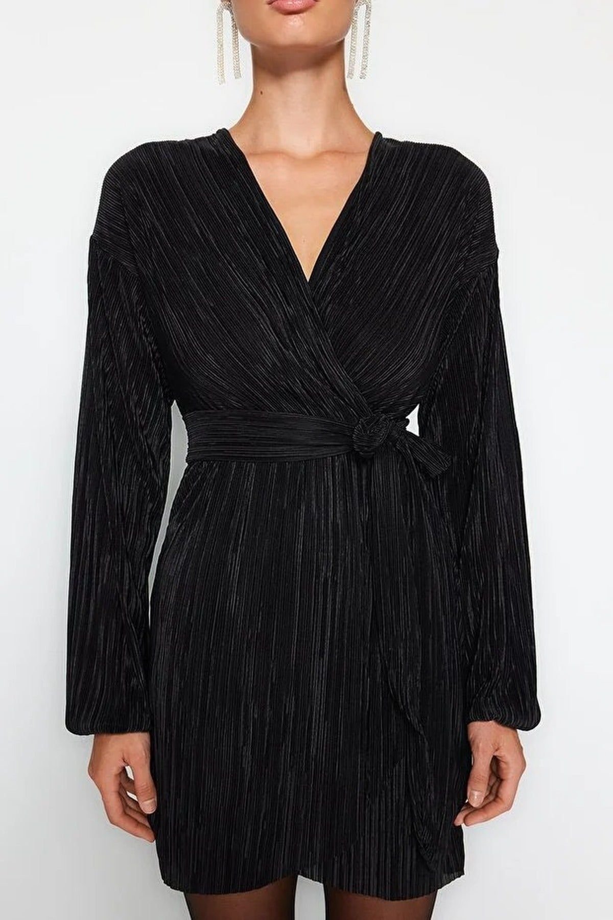 WOVCOR WOVCOR Women's Pleated Wrap Mini Knit Dress with Belt Detail in Black - 2