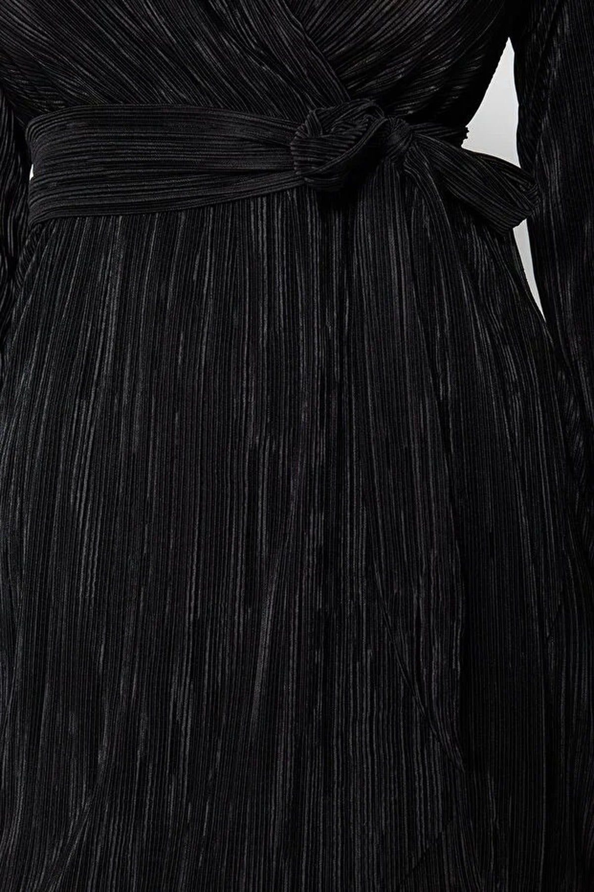 WOVCOR WOVCOR Women's Pleated Wrap Mini Knit Dress with Belt Detail in Black - 3