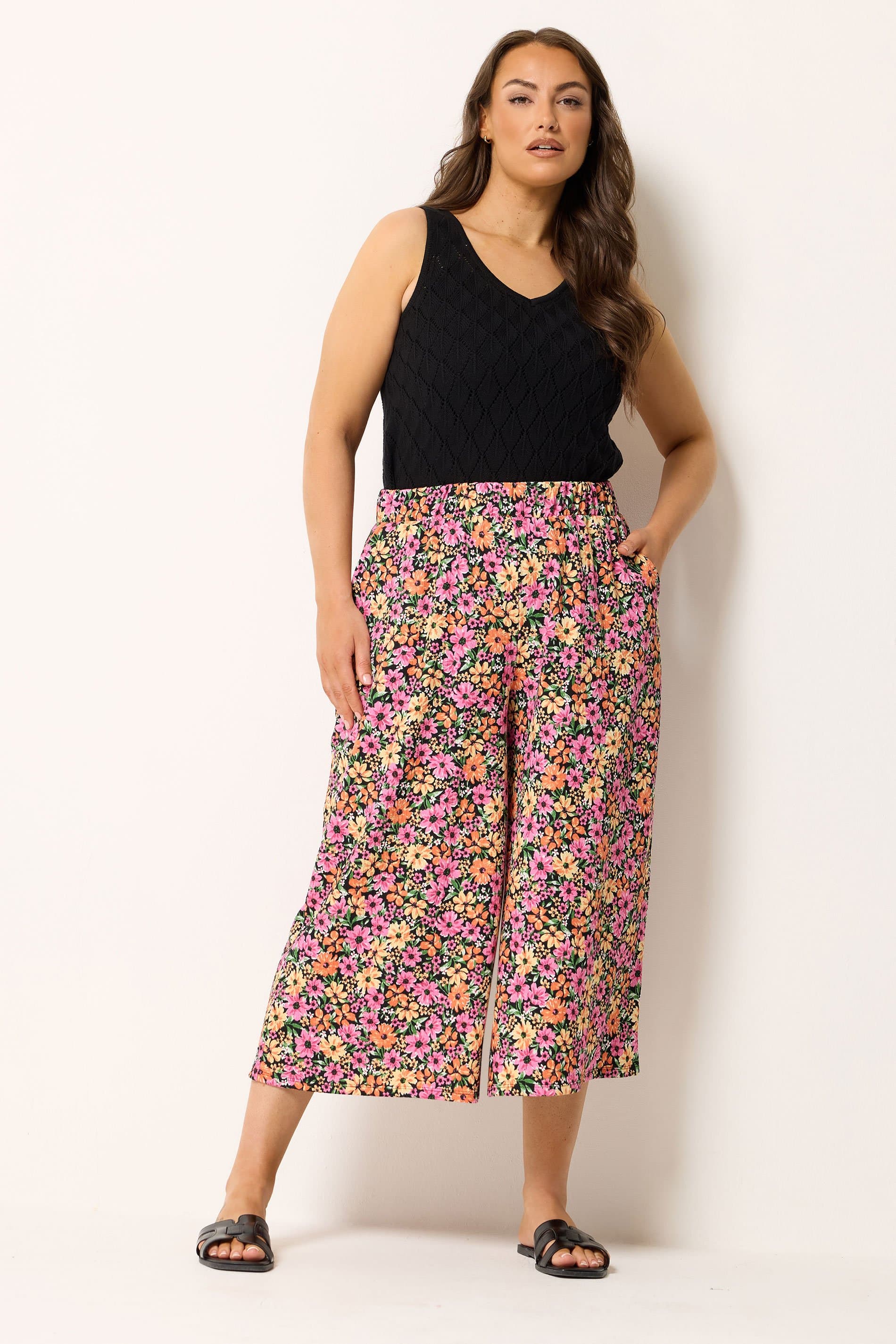 Yours Plus Size Pink & Orange Floral Culottes