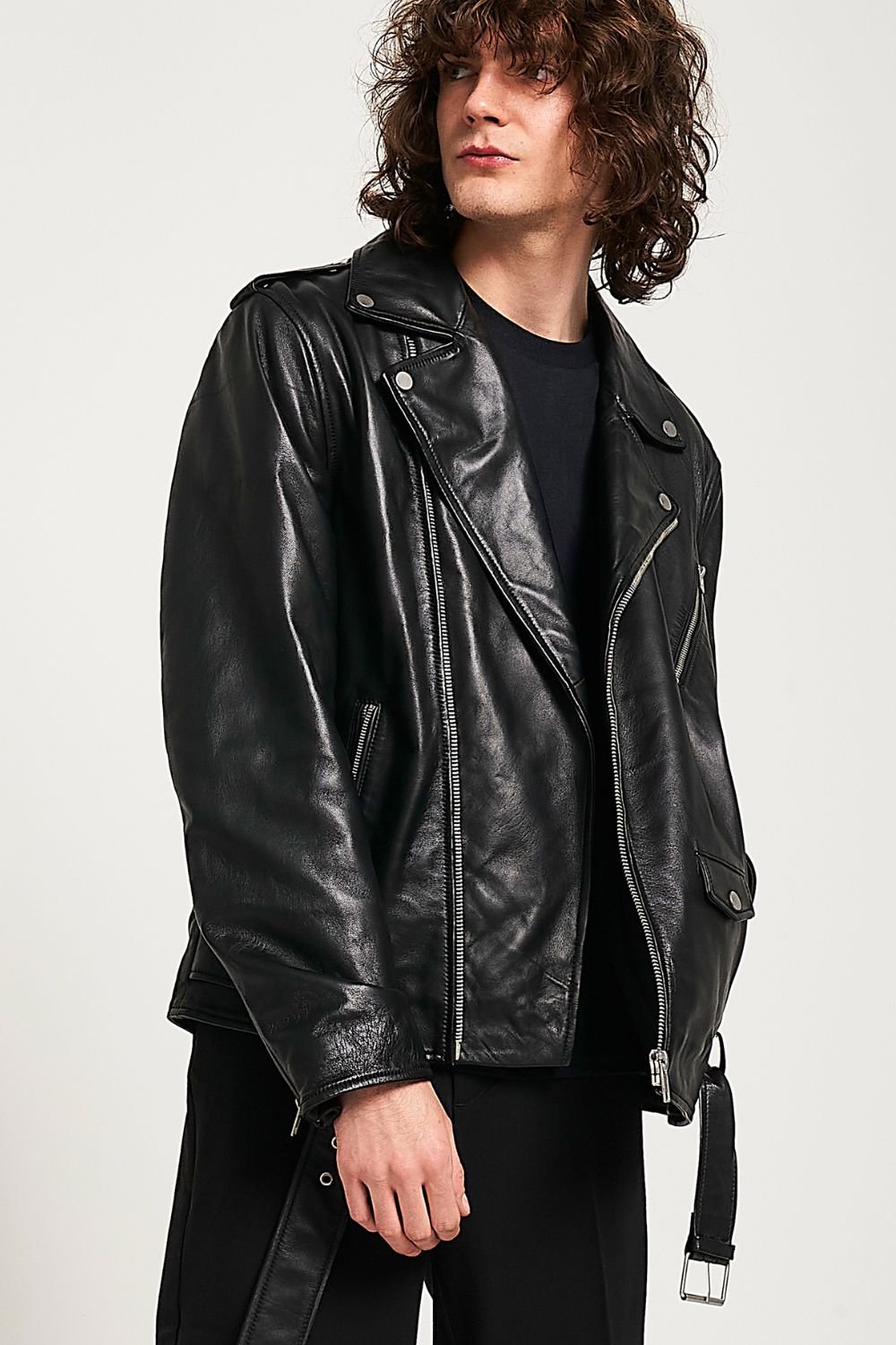 Barneys Originals Barneys Originals Men's Real Leather Biker Jacket with Belt in Black - 2