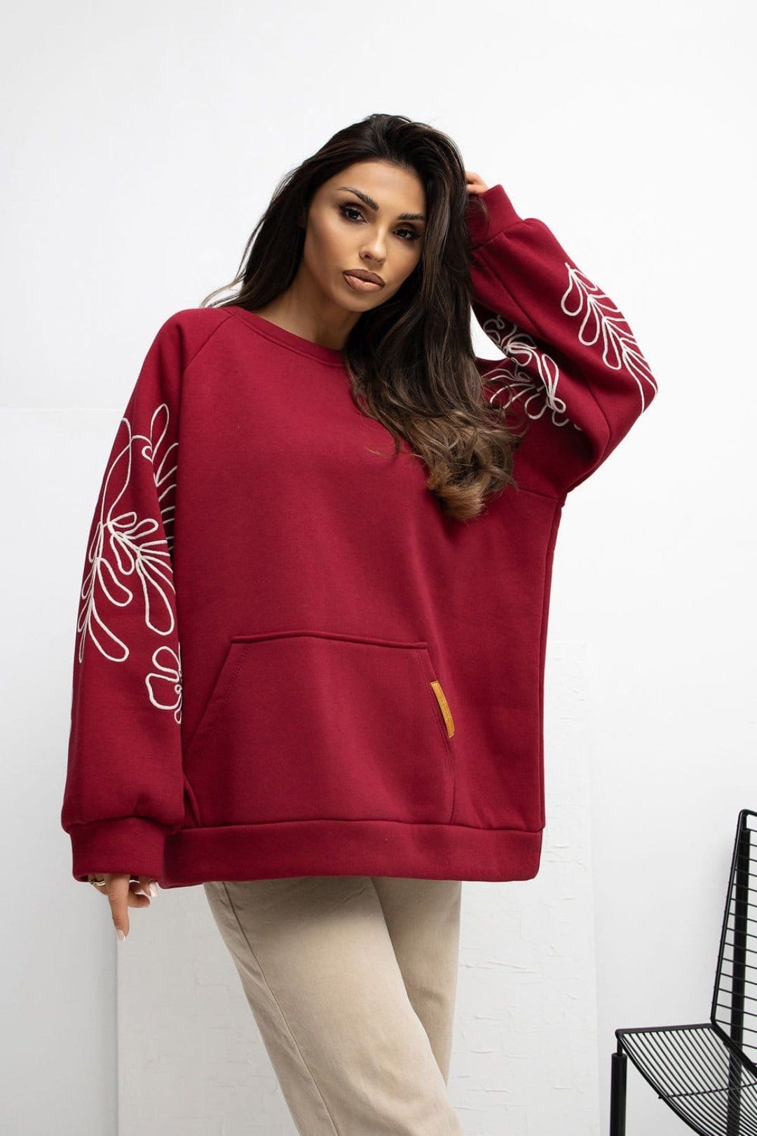 Love Lace Burgundy Embroidered Puff Sleeve Sweatshirt