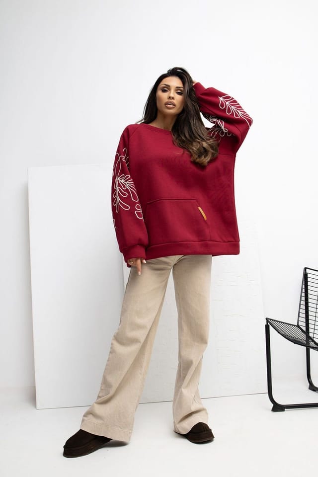 Love Lace Love Lace Women's Embroidered Puff Sleeve Kangaroo Pocket Sweatshirt in Burgundy - 2