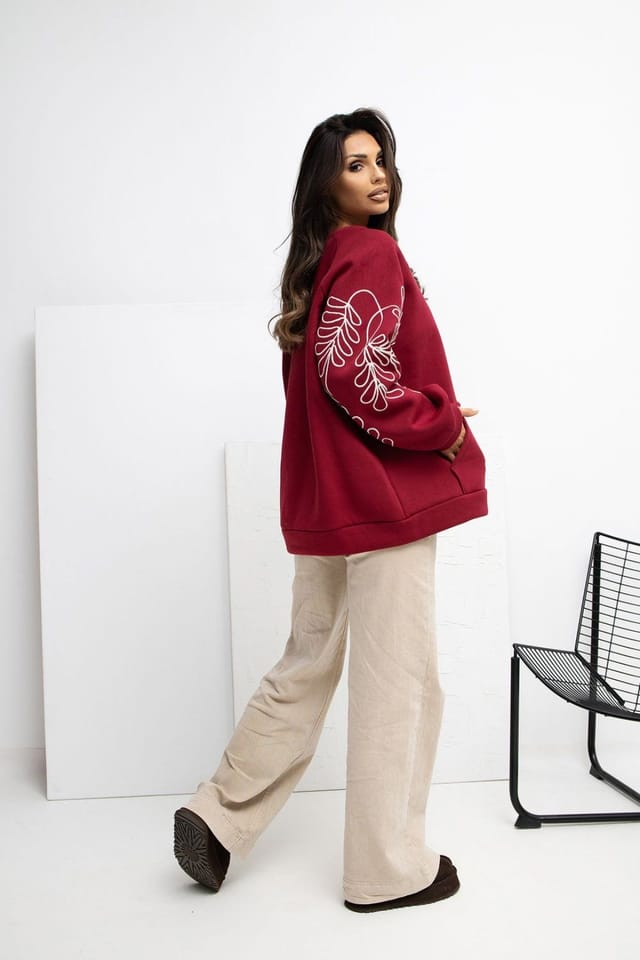 Love Lace Love Lace Women's Embroidered Puff Sleeve Kangaroo Pocket Sweatshirt in Burgundy - 3