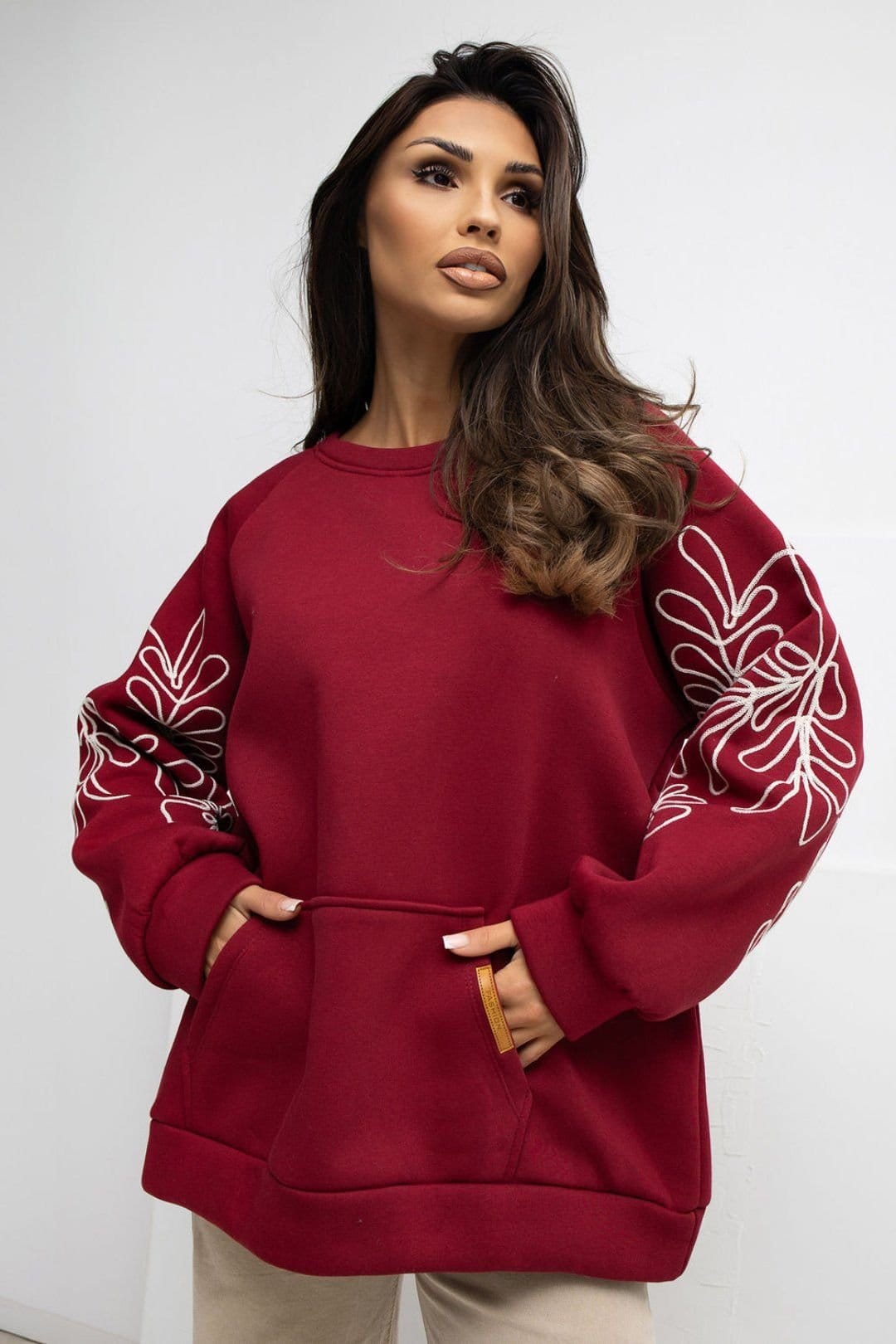 Love Lace Love Lace Women's Embroidered Puff Sleeve Kangaroo Pocket Sweatshirt in Burgundy - 4