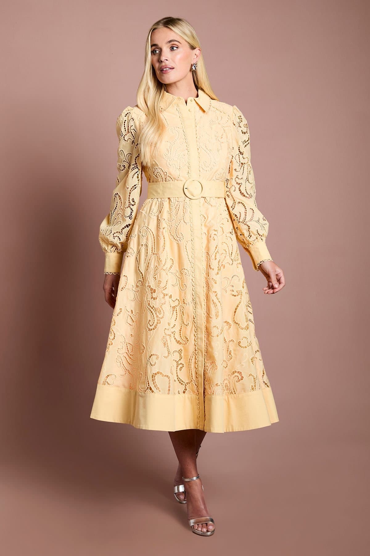 Coast Coast Women's Petite Embroidered Cutout Belted Shirt Dress in Butter