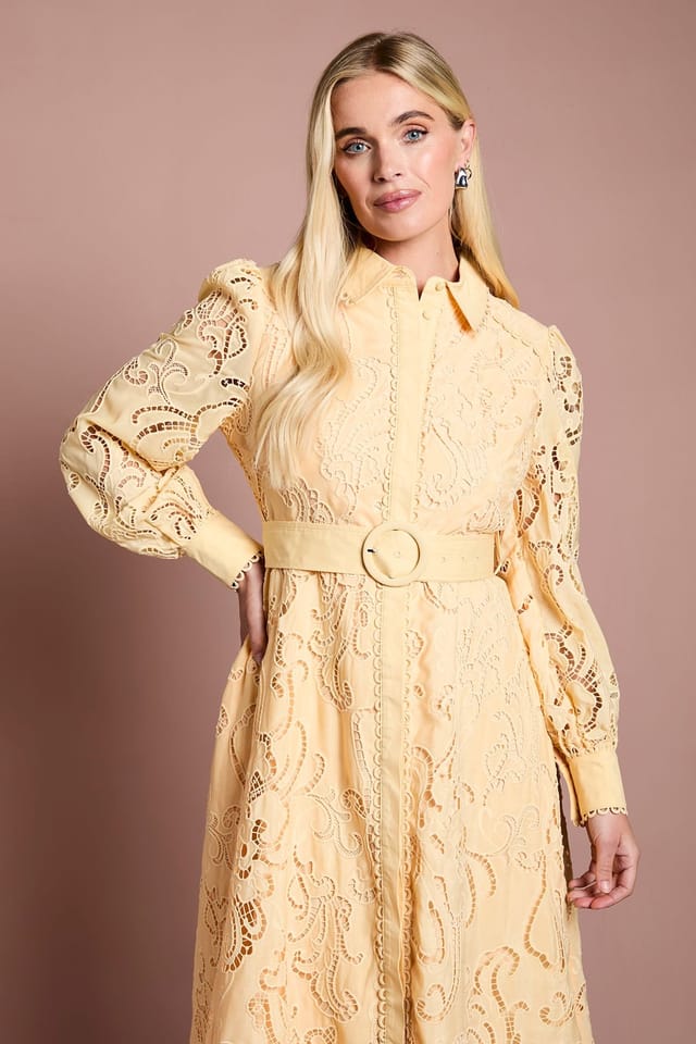Coast Coast Women's Petite Embroidered Cutout Belted Shirt Dress in Butter - 2
