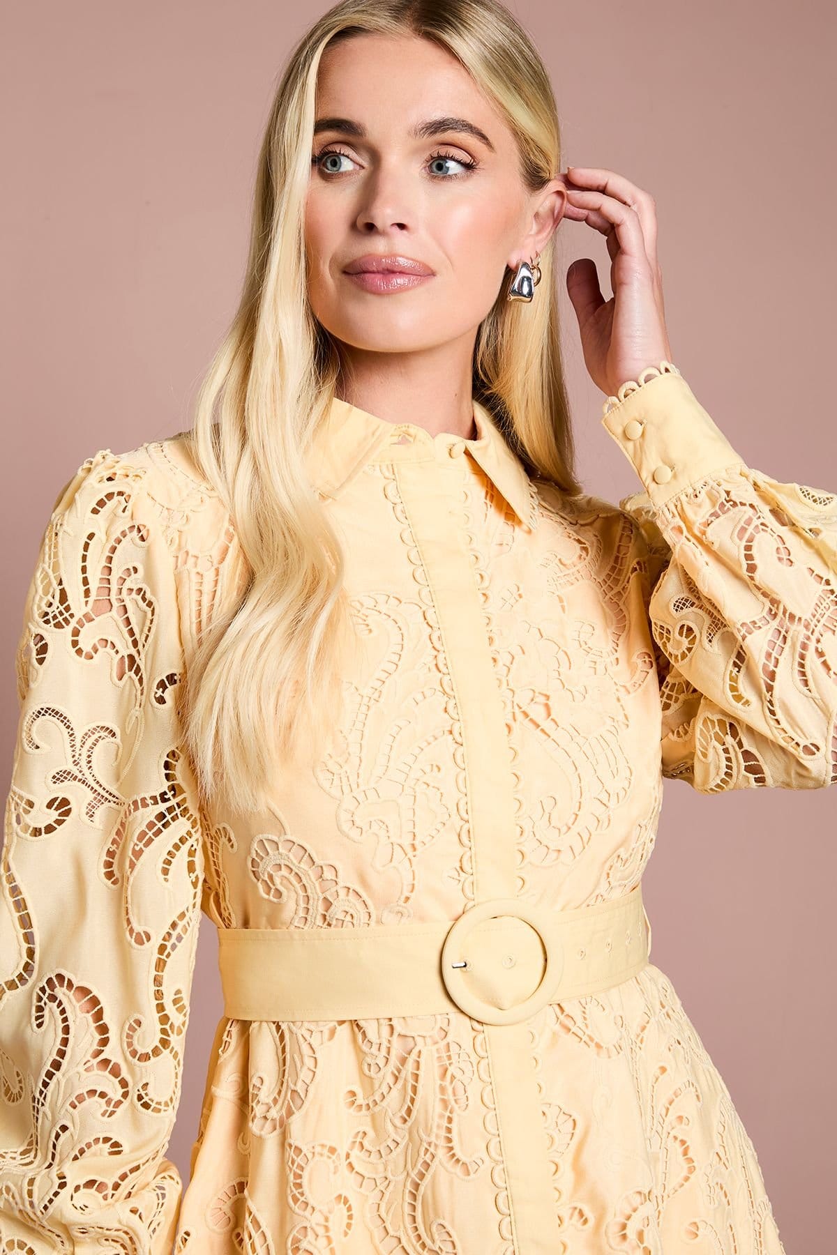 Coast Coast Women's Petite Embroidered Cutout Belted Shirt Dress in Butter - 4